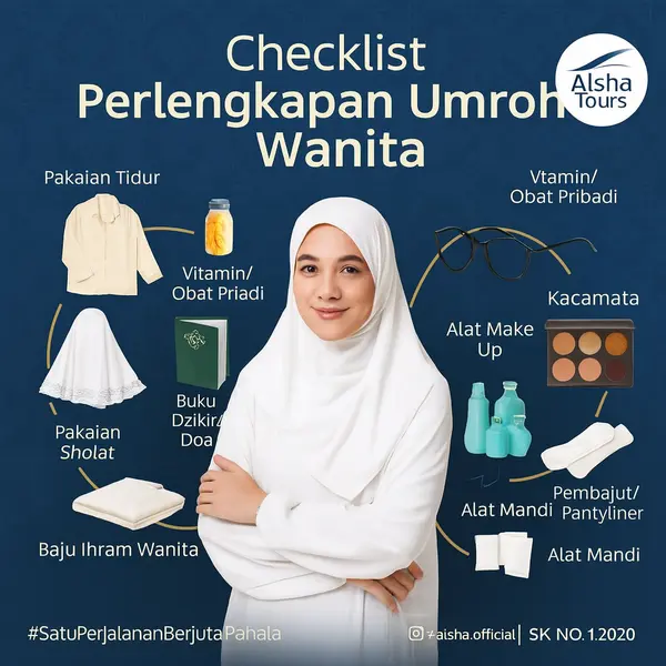 Infografik Alsha Tours berisi checklist perlengkapan Umroh wanita, menampilkan jamaah wanita berhijab di tengah dengan ilustrasi item seperti pakaian ihram, pakaian tidur, pakaian sholat, alat mandi, make up, buku dzikir, vitamin, dan kacamata, berlatar biru elegan dengan logo Alsha.