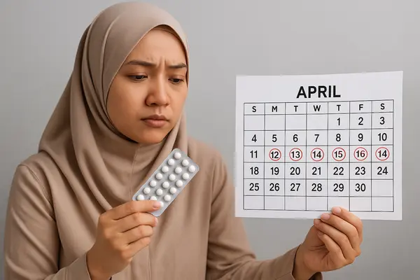 Muslimah memegang kalender dan obat penunda haid sebagai persiapan umroh untuk menjaga ibadah tetap lancar tanpa gangguan menstruasi.