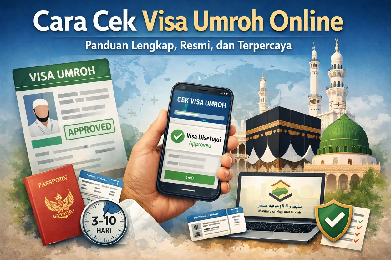 Ilustrasi cara cek visa umroh online melalui sistem resmi Kementerian Haji dan Umroh Arab Saudi menggunakan nomor paspor dan status visa approved