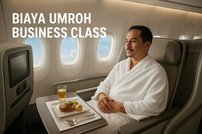 Pria mengenakan ihram duduk di kursi business class pesawat sambil menikmati hidangan, ilustrasi kenyamanan perjalanan umroh business class.