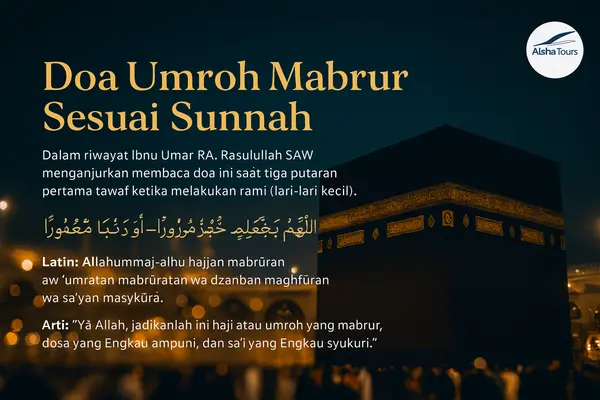Featured image bertema Umroh dengan Ka'bah pada malam hari, cahaya emas lembut, dan teks doa ‘Doa Umroh Mabrur Sesuai Sunnah’ dengan logo Alsha Tours di pojok kanan atas.