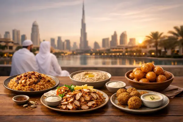 Hidangan kuliner halal khas Dubai seperti Machboos, Al Harees, shawarma ayam, hummus, falafel, dan luqaimat dengan latar Downtown Dubai dan Burj Khalifa saat senja.