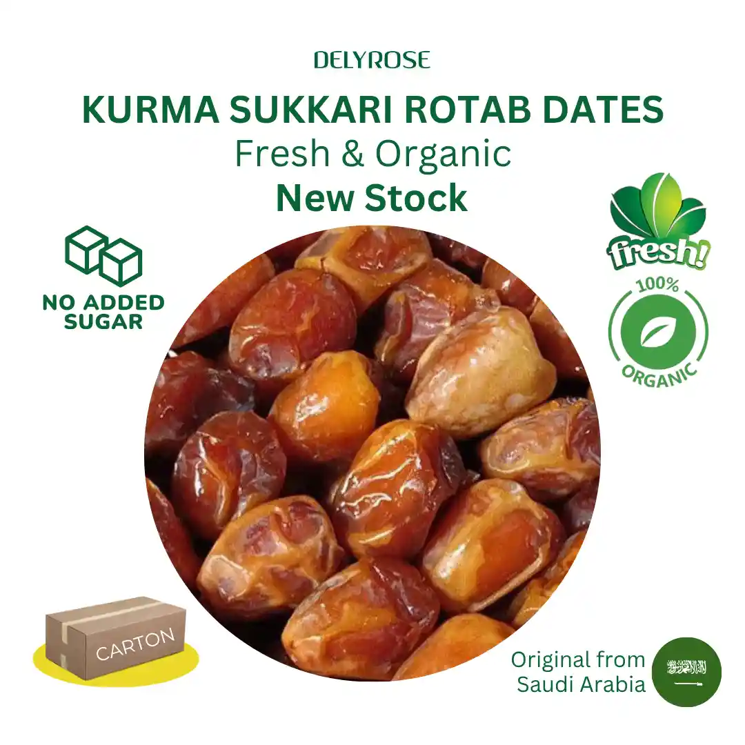 Kurma Sukkari Rotab segar dan organik tanpa tambahan gula, tampilan close-up buah kurma berwarna cokelat keemasan dengan tekstur lembut dan mengkilap, produk asli Arab Saudi.