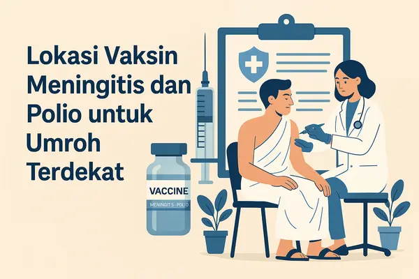Ilustrasi jamaah Umroh menerima vaksin meningitis dan polio di klinik kesehatan sebagai panduan lokasi vaksin Umroh terdekat — visual informatif Alsha Tours