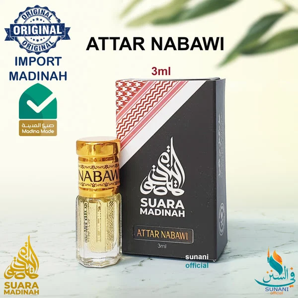 Attar Nabawi 3 ml impor Madinah dalam botol kaca kecil dengan kemasan premium Suara Madinah, parfum minyak tanpa alkohol khas Timur Tengah.