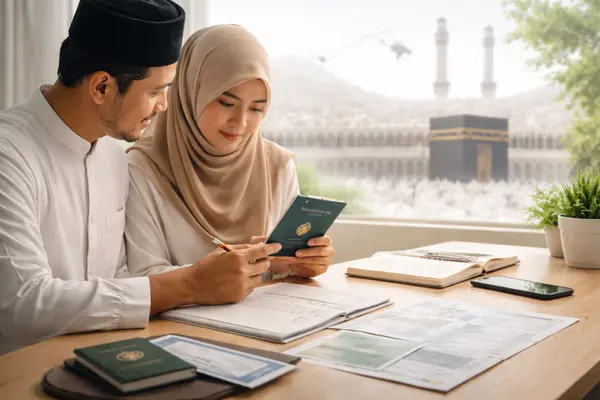 Indonesian Muslim couple reviewing Umrah travel documents and itinerary with the Kaaba visible in the background