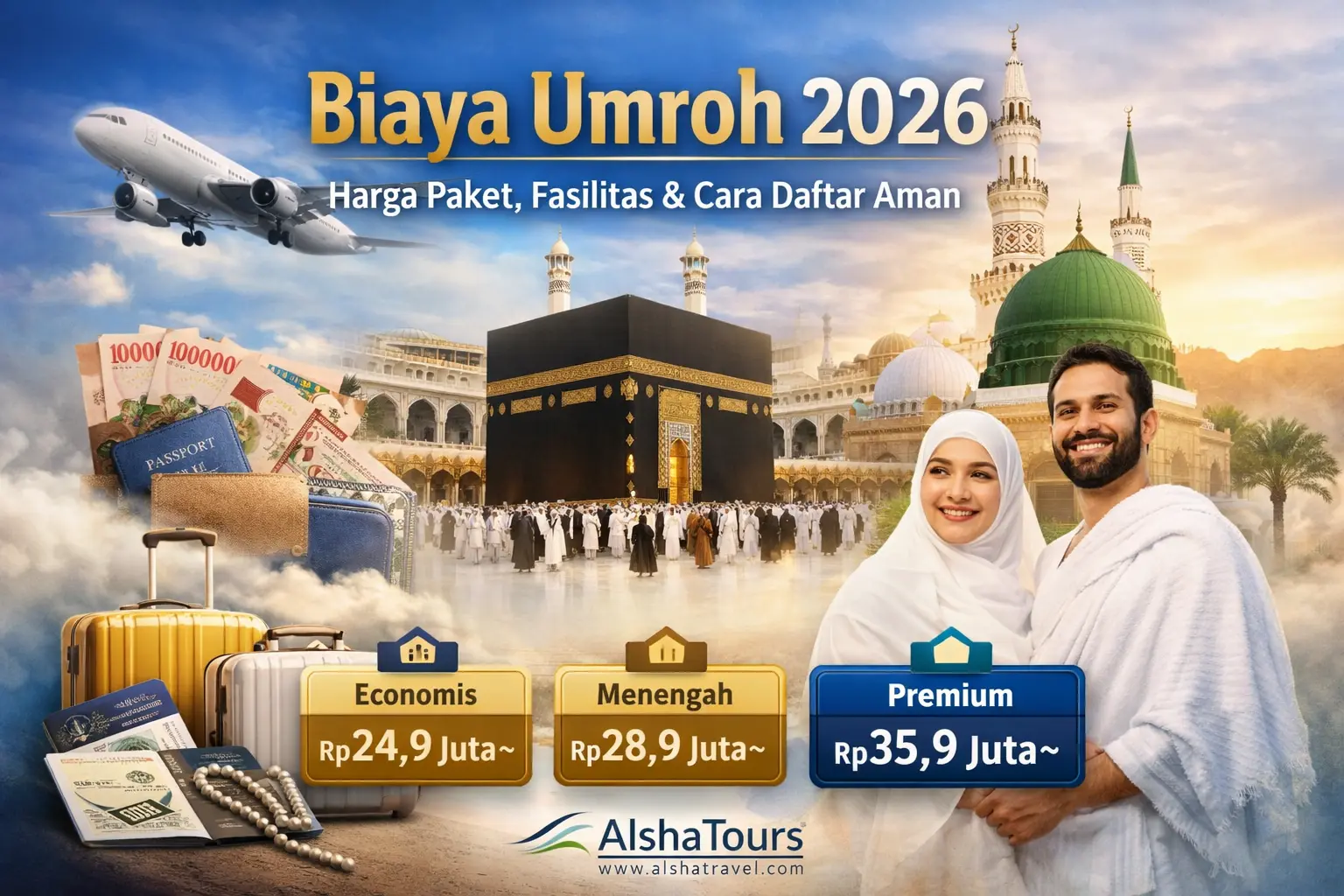 Biaya umroh 2026 Alsha Tours mulai 24,9 juta menampilkan paket ekonomis, menengah, dan premium dengan Ka'bah, Masjid Nabawi, pesawat, hotel, dan jamaah umroh