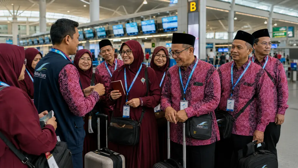 Jamaah Alsha Tours sedang bersiap-siap berangkat umroh di Bandara Soekarno Hatta