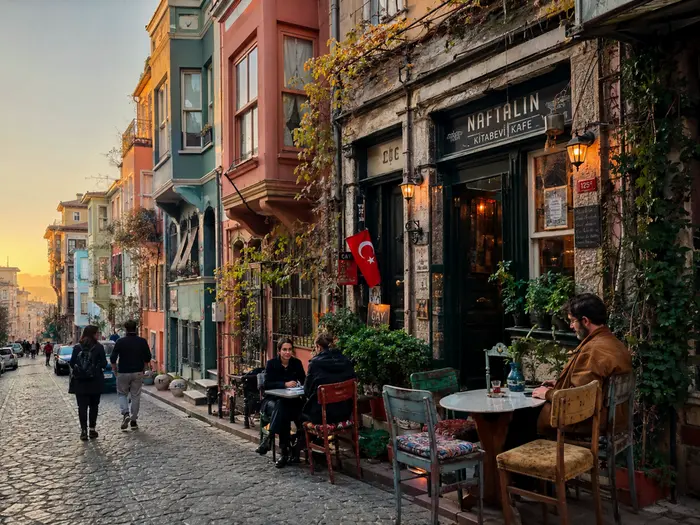Kafe vintage bergaya lokal di kawasan Balat Istanbul dengan dekorasi retro dan suasana yang tenang