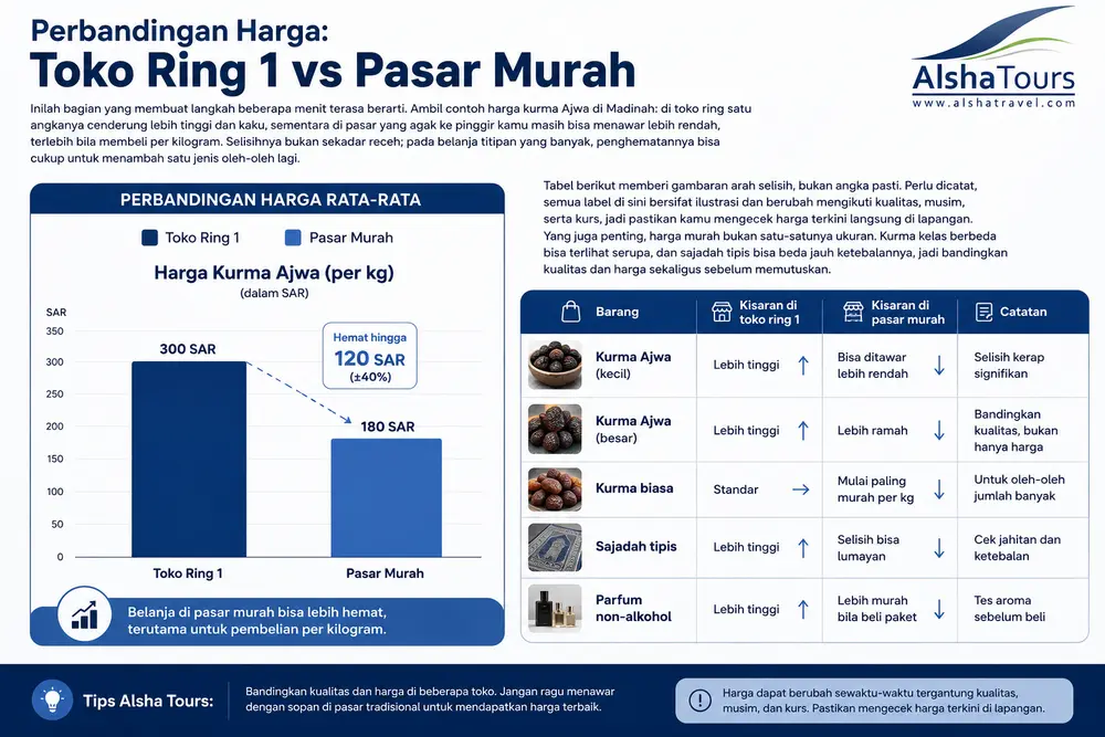 Grafik perbandingan harga kurma Ajwa per kilogram antara toko ring 1 dan pasar murah di Madinah