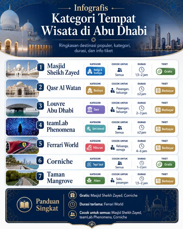 Infografis kategori tempat wisata di Abu Dhabi
