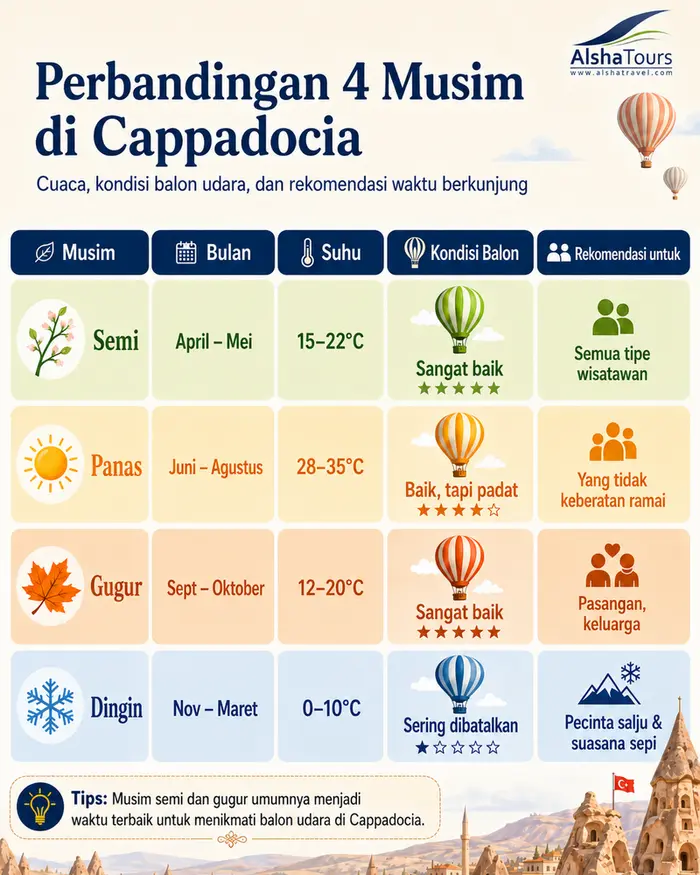 Infografis perbandingan empat musim di Cappadocia beserta kondisi penerbangan balon udara