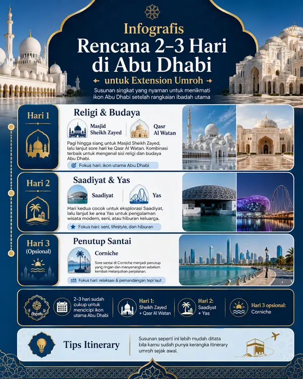 Infografis rencana 2-3 hari di Abu Dhabi untuk extension umroh