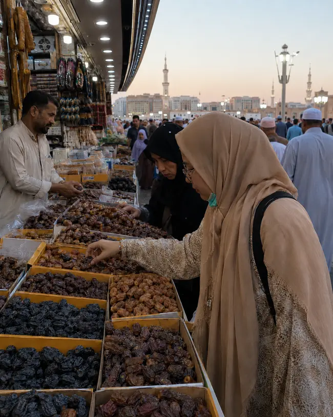 Jamaah memilih kurma di pasar oleh-oleh dekat Masjid Nabawi, Madinah
