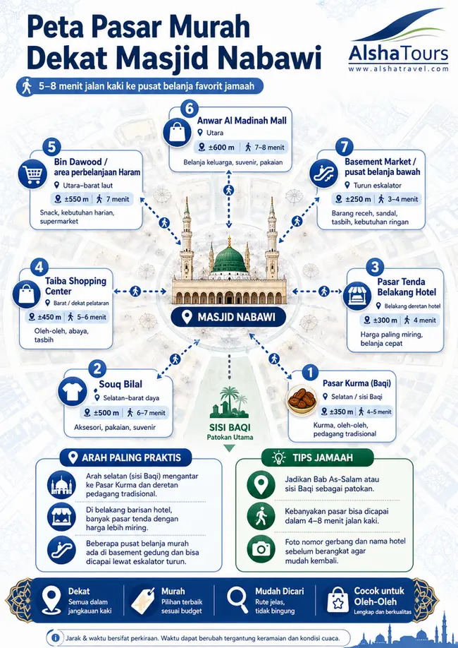 Peta arah pasar murah di sekitar Masjid Nabawi Madinah beserta jarak tempuh