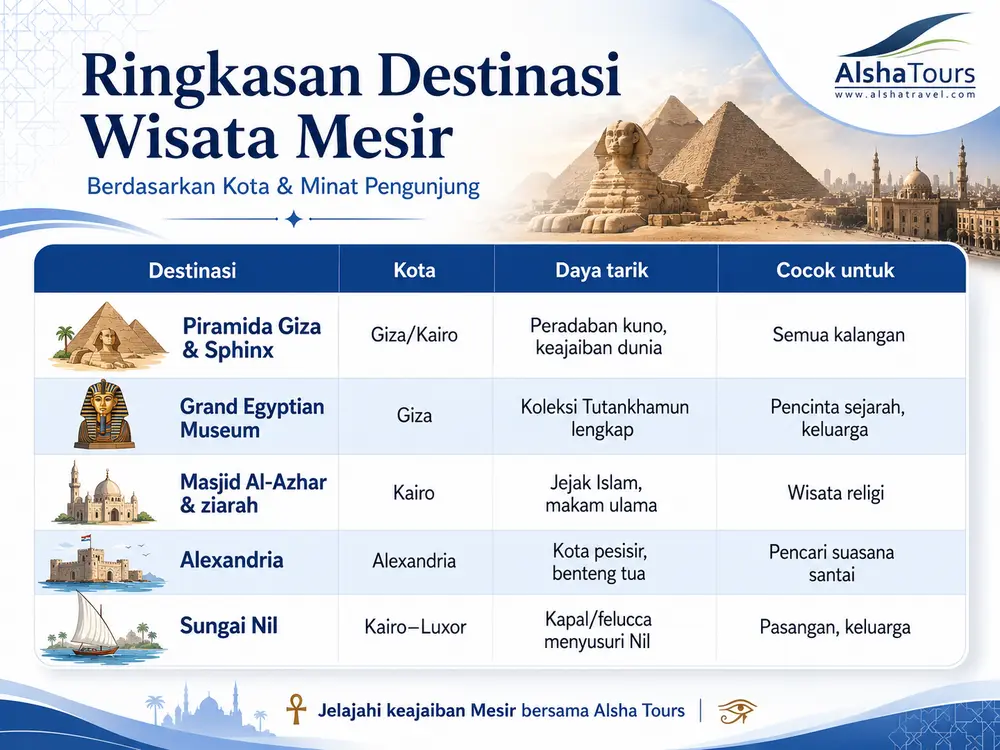 Tabel ringkasan destinasi wisata Mesir berdasarkan kota dan minat pengunjung