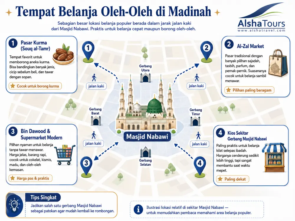Peta sederhana lokasi pasar oleh-oleh di sekitar Masjid Nabawi, Madinah