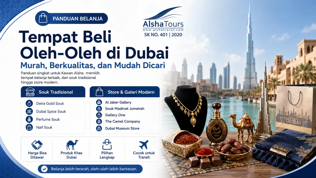 Infografik Alsha Tours tentang tempat beli oleh-oleh di Dubai yang murah dan berkualitas, mulai dari souk tradisional, Al Jaber Gallery, Souk Madinat Jumeirah, hingga Dubai Museum Store