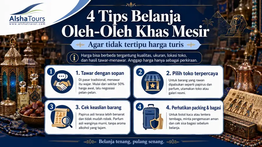 Infografis empat tips belanja oleh-oleh khas Mesir agar tidak tertipu harga turis
