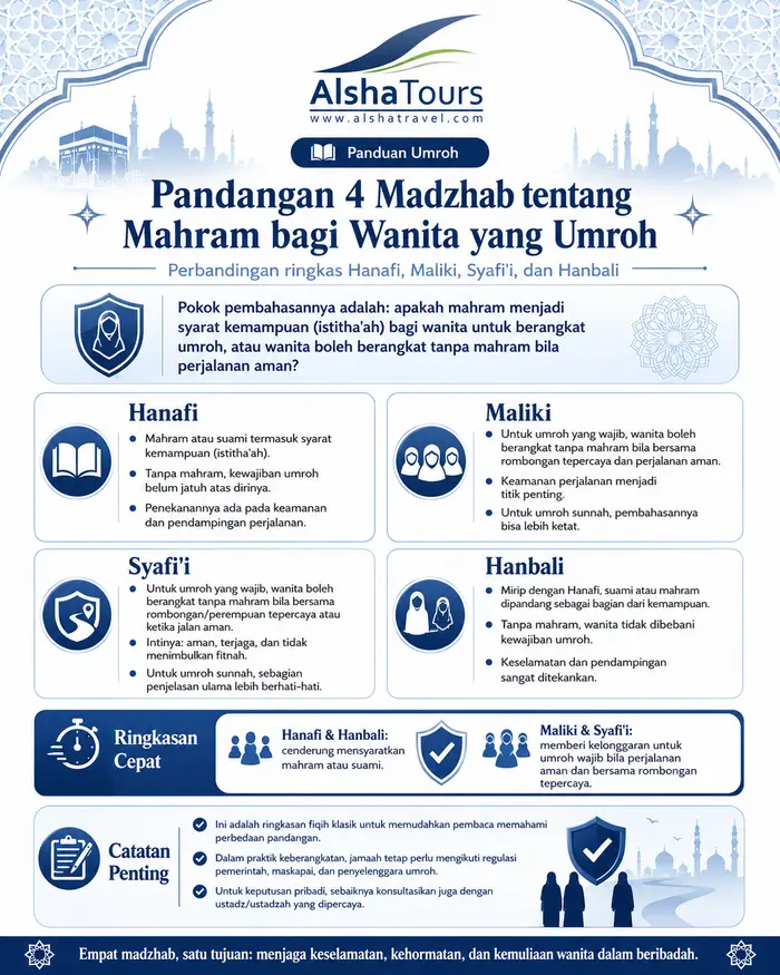 Infografis perbandingan pandangan Hanafi, Maliki, Syafi'i, dan Hanbali tentang mahram bagi wanita yang umroh.