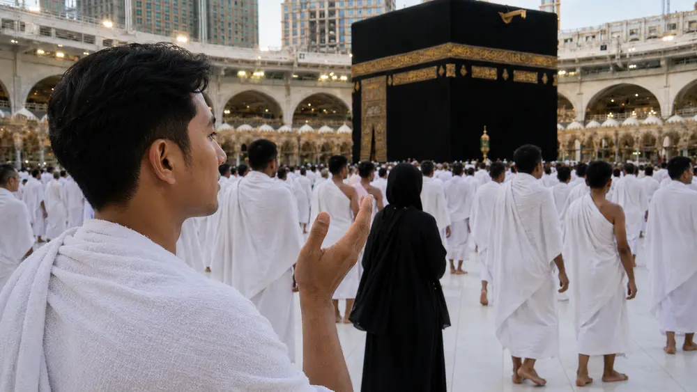 Jamaah menatap Ka'bah saat tawaf wada sebelum meninggalkan Makkah.