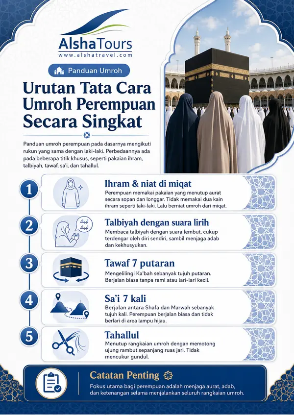Infografis urutan tata cara umroh perempuan dari niat hingga tahallul.