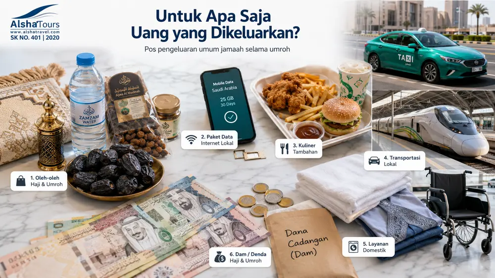 Infografis Alsha Tours tentang alokasi uang saku umroh untuk oleh-oleh, paket data internet, kuliner tambahan, transportasi lokal, layanan domestik, dan dana cadangan dam