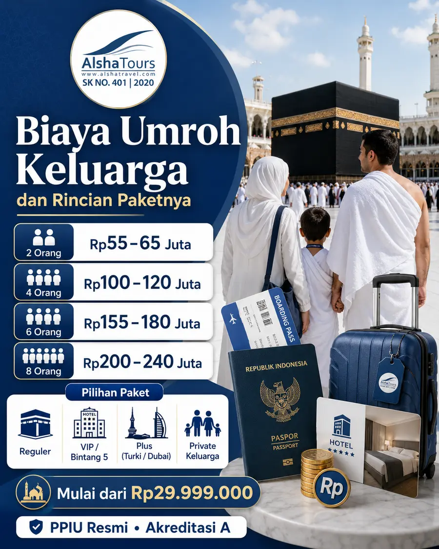Thumbnail artikel Alsha Tours tentang biaya umroh keluarga dan rincian paket untuk 2 orang 4 orang 6 orang hingga 8 orang, lengkap dengan pilihan paket reguler VIP plus dan private keluarga